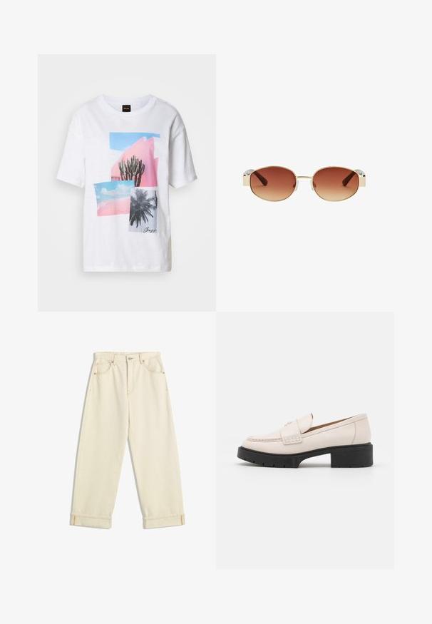 Bílý tričko s krátkým rukávem se skládá z koláže s kaktusy a palmami v odstínech růžové a modré, vyrobené z texturovaného materiálu.; Krémové džíny s volným střihem, s ohrnutými cuffy, kontrastním oranžovým šitím a předními i zadními kapsami.; Světlobéžové kožené mokasíny se střiženým předním dílem a texturovaným černým platformovým podpatkem. Obsahují zakřivený design a mírné zvýšení.; Kulaté sluneční brýle se zlatým kovovým rámem, hnědými gradientními čočkami, průhlednými plastovými akcenty na stranách a hnědými vzorovanými stranami.; Tkaná hnědá kabelka s kulatou rukojetí, vyrobená z měkké kůže. Disponuje zipovým uzávěrem a složitým vzorem košíkového pletení.