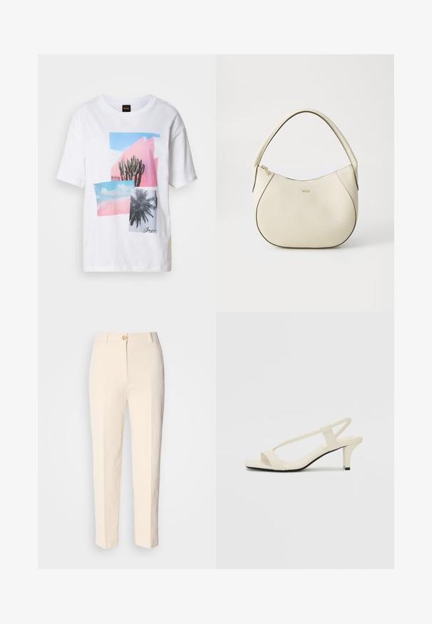 Bílý tričko s krátkým rukávem se skládá z koláže s kaktusy a palmami v odstínech růžové a modré, vyrobené z texturovaného materiálu.; Krémové, vysoké kalhoty vyrobené z texturované látky. Obsahují přední zapínání na knoflík a zúžené nohavice.; Krémové sandály na bloku s tenkými popruhy a čtveratou špičkou. Hladký materiál s minimálními detaily, navržené pro snadné nošení.; Kabelka krémové barvy s texturovaným povrchem, zakřiveným tvarem, krátkým uchopením a zlatým logem. Zapínání na zip na vrchu.