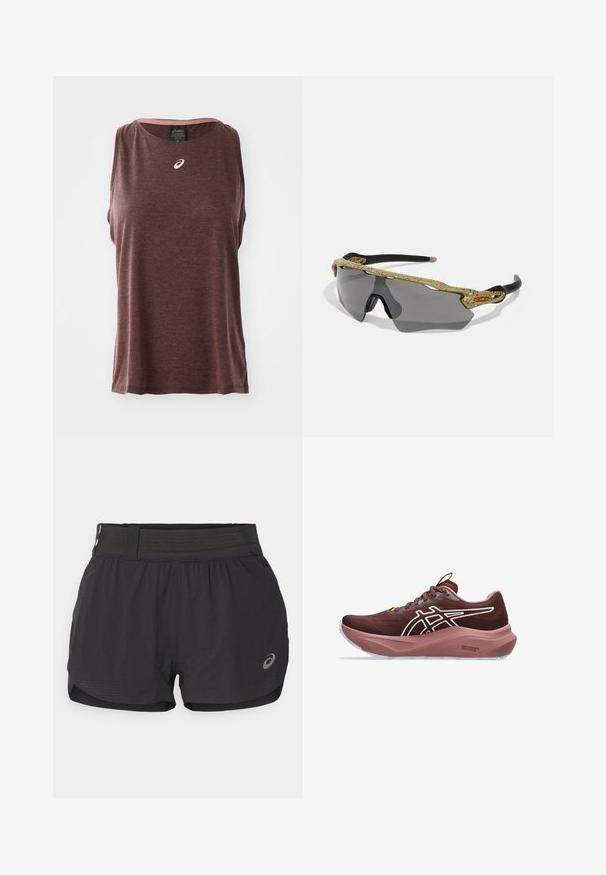 Canottiera sportiva senza maniche marrone con scollo rotondo, featuring un piccolo logo bianco sul petto e un tessuto morbido e testurizzato.; Pantaloni da corsa neri con fascia in rete in vita, caratterizzati da una superficie liscia, lunghezza corta e un piccolo logo sul lato destro in basso.; Scarpa sportiva bordeaux con tomaia in rete, dettaglio del logo bianco e suola intermedia rosa, caratterizzata da suola testurizzata e design con lacci.; Occhiali da sole sportivi con montatura a motivo verde, aste nere e lenti grigie. Il design presenta uno stile avvolgente con una forma audace e sportiva.