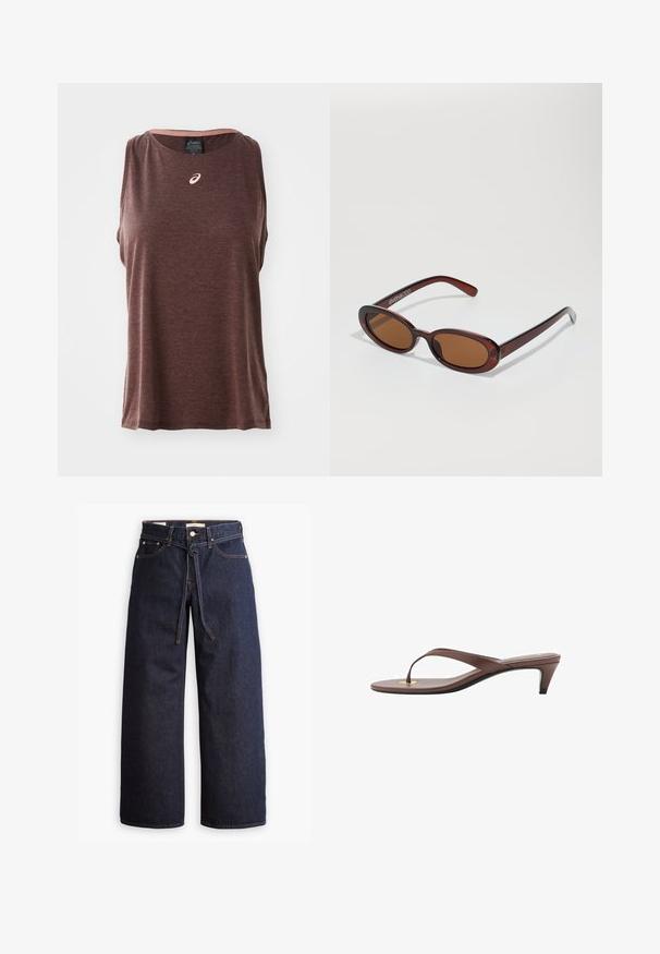Braunes, ärmelloses Sporttanktop mit rundem Halsausschnitt, das ein kleines weißes Logo auf der Brust und einen strukturierten, weichen Stoff hat.; Weite, dunkelblaue Jeans aus Denim mit hoher Taille, ausgestattet mit einem Kordelzug, fünf Taschen und kontrastierenden Nähdetails.; Braune, mit Absatz versehene Flip-Flop-Sandale mit einem schmalen Riemen und abgerundetem Zehensteg, der ein kleines goldfarbenes Akzent auf dem Fußbett aufweist.; Runde, braun getönte Sonnenbrillen mit einem glänzenden burgunderfarbenen Rahmen. Schlanke Bügel mit dezentem Branding. Flaches Linsendesign.