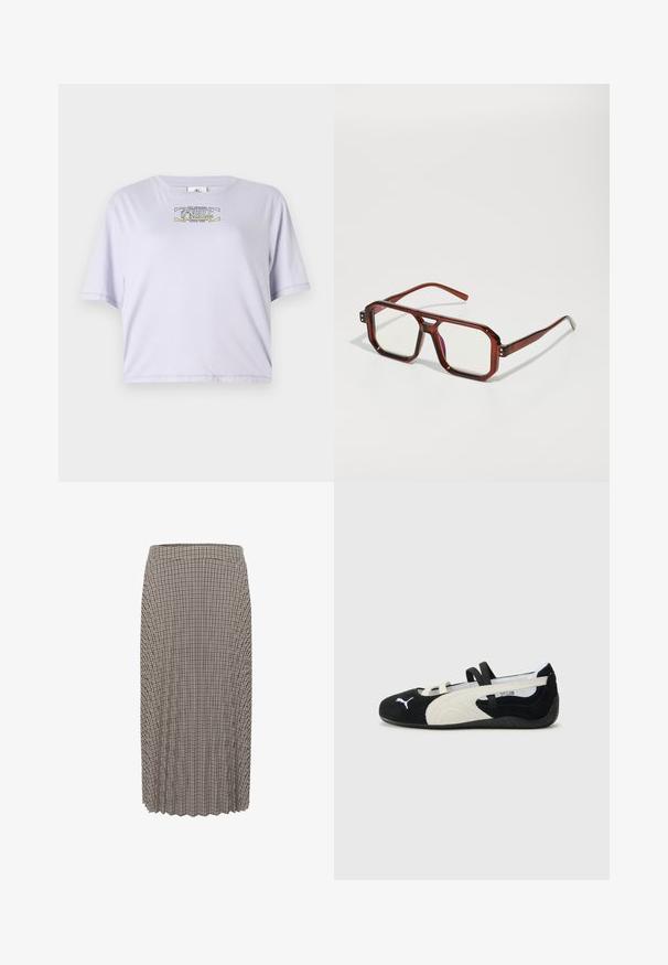 Lilac cropped t-shirt made of soft cotton, featuring a round neckline and short sleeves. Centered print includes text and graphic accents.; Pleated midi skirt in a black and white gingham pattern. Features a waistband and textured fabric with a straight cut.; Black and cream ultra-lightweight shoe with a suede upper, flat sole, elastic straps, and a small logo on the toe.; Brown transparent oversized glasses with rectangular lenses and slender arms. Angled, slightly rounded corners and visible hardware accents.