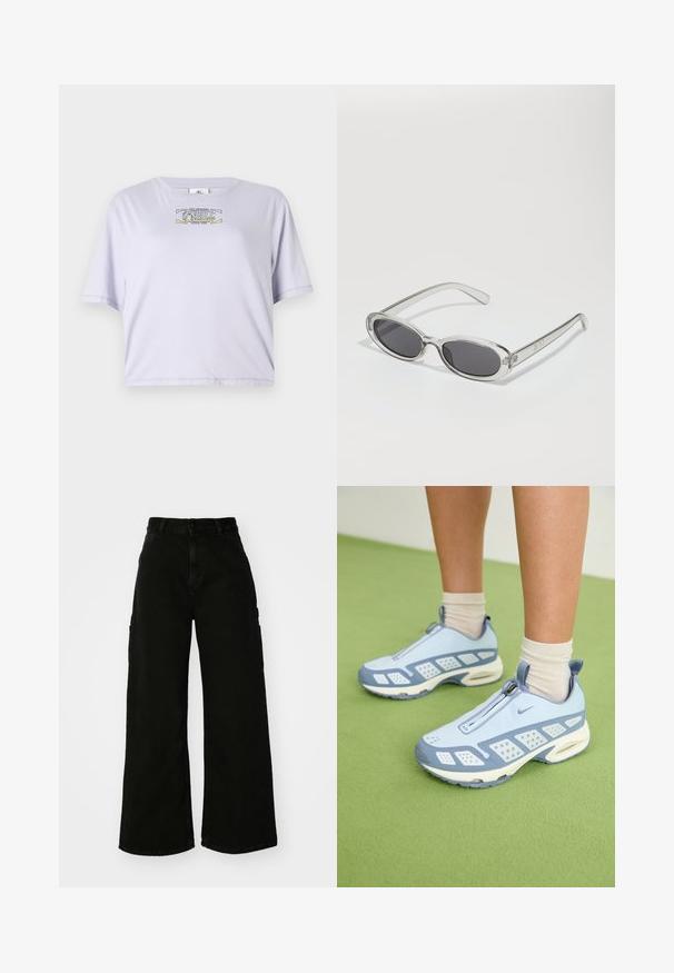 Lila zrahljana majica iz mehkega bombaža, z okroglo odprtino za vrat in kratkimi rokavi. Sredinsko print vključuje besedilo in grafične detajle.; Črne široke hlače cargo iz denima, z visokim pasom, sprednjim gumbom in stranskimi žepi. Gladka tekstura z minimalnim šivanjem.; Svetlo modre športne čevlje z belimi poudarki, teksturiranimi paneli in zadrgo. Vključujejo vidno zračno oblazinjenje v podplatu in gumijast podplat.; Sončna očala ovalne oblike, prozoren plastičen okvir, temno sivi leči in tanke prozorne roke z logotipnimi akcenti in minimalnimi detajli.; Tkaná slamnata torba v bež barvi s ukrivljeno obliko, kratko ročico in stranskim zadrgo. Ima teksturirano površino in minimalističen dizajn.