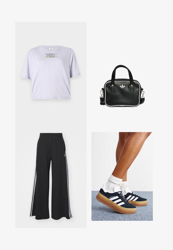Lilac cropped t-shirt made of soft cotton, featuring a round neckline and short sleeves. Centered print includes text and graphic accents.; Black wide-leg sweatpants with an elastic waistband, featuring white side stripes and an embroidered logo on the left thigh.; Black suede sneakers with white stripes and accents, rounded toe, gum rubber outsole, paired with white ribbed crew socks.; Black leather handbag with two short handles, silver hardware, white accents, and a white logo. Features a textured surface and compact design.