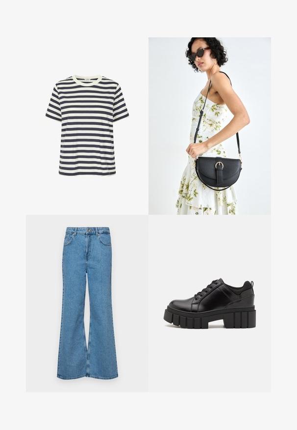 Striped t-shirt featuring navy and white horizontal stripes, short sleeves, and a round neckline. Made from soft cotton fabric.; Light blue flared jeans made of denim, featuring a high waist, five pockets, and a single button closure. Soft texture with faded finish.; Black leather platform shoes with a chunky block heel, round toe, and traditional lace-up design. Features smooth texture and minimal detailing.; Black leather handbag with a curved shape, detachable strap, and gold hardware. The bag features a flap with a buckle detail.