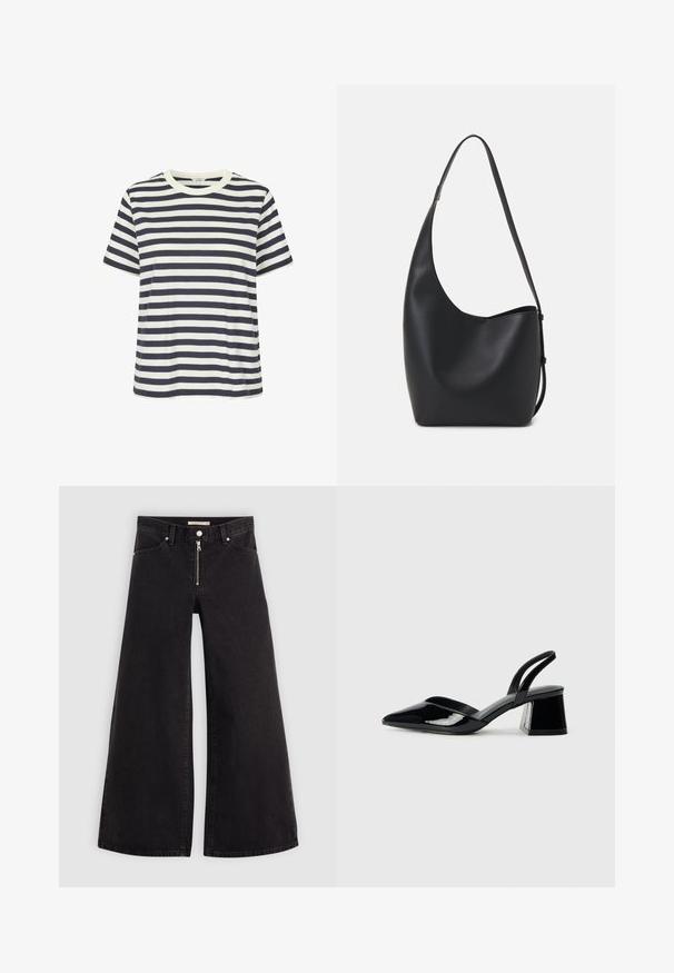 Röstripeeritud T-särk, millel on laiad sinised ja valged horisontaalsed triibud, lühikesed varrukad ja ringikujuline kaelus. Valmistatud pehmest puuvillakangast.; Laiad teksad mustast denimist, millel on lukuga eesmine osa, viie taskuga disain ja peened õmblusdetailid. Sile tekstuur ja juhuslik stiil.; Mustad musta lakknahk kingad, millel on terav varvas ja geomeetriline plokkkonts. Omab elegantselt minimalistlikku disaini ja sujuvat tekstuuri.; Mustast nahast hobo kott, millel on sile tekstuur, kumer kuju ja üks reguleeritav rihm; peal on lai avaus.