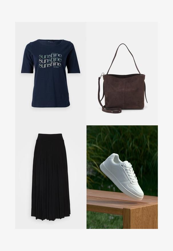 Navy blue short-sleeve T-shirt made of cotton, featuring a rounded neckline and a printed "sunshine" graphic in varying fonts.; Black pleated skirt with a high, stretchy waistband. Made from soft fabric, featuring vertical pleats for a flowing silhouette.; White sneaker with a smooth synthetic upper, perforated toe box, flat laces, and a textured sole, displayed on a wooden surface.; Brown suede tote bag with a soft texture, featuring a single shoulder strap and a subtle curved top opening. No visible hardware details.