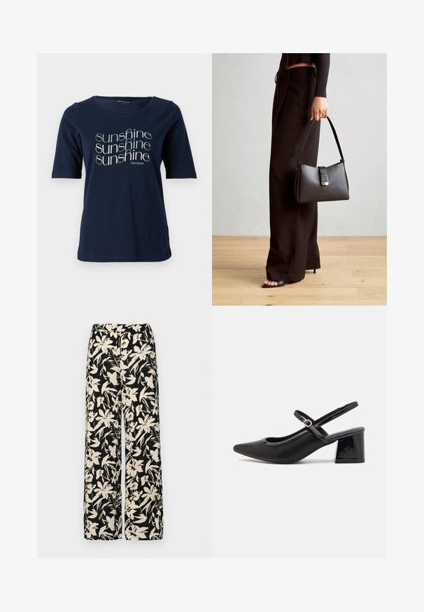 Tums zilā īsām piedurknēm T-krekls, kas izgatavots no kokvilnas, ar apaļu kakla izgriezumu un uzdrukātu "saulainas" grafiku dažādos fontos.; Melni platie bikses ar krēmkrāsas ziedu rakstu. Izgatavotas no viegla auduma, kuram ir gluda tekstūra un augsta jostasvietas daļa.; Melns patentēts ādas sandales ar norādīta pirksta formu, noapaļotu izgriezuma dizainu un bloķētu papēdi. Iezīmēta ar zelta toņa sprādzi.; Melnā somiņa ar strukturētu formu, gludu tekstūru un metālu sprādzi. Saskaņota ar platām melnām biksēm un sandālēm ar atvērtu purngalu uz koka grīdas.