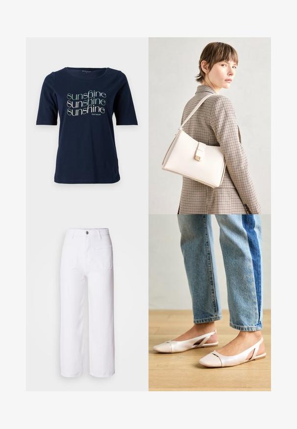 Navy blue short-sleeve T-shirt made of cotton, featuring a rounded neckline and a printed "sunshine" graphic in varying fonts.; White denim wide-leg pants with a button closure, belt loops, two front pockets, and a single back pocket. Durable and textured fabric.; Pale pink slingback flats with a pointed toe, made from a smooth leather-like material. Features cut-out details at the sides and a flat heel.; White leather handbag with a structured design, featuring a magnetic clasp and a shoulder strap, showcased against a neutral background.