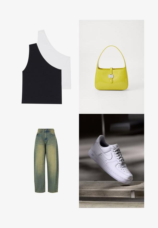 Schwarz-weiße gerippte Tanktops mit asymmetrischem Ausschnitt; weicher Baumwollmischungsstoff; taillierte Passform; keine sichtbare Hardware oder Muster.; Weite Jeans aus Denim in Hellblau mit ausgewaschener Textur. Fünf Taschen und hohe Taille. Sauberer Saum und dezente Nähdetails.; Nike Sportswear AIR FORCE 1 07 - Sneaker low - white; Gelbe lackierte Leder-Handtasche mit strukturiertem Design, einem oberen Griff und einem vorderen Druckverschluss, der mit einem kreisförmigen Metall-Logo-Akzent versehen ist.
