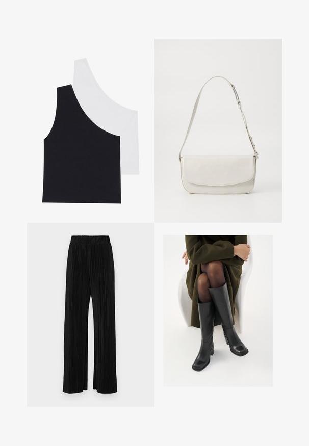 Melna un balta ribota topi ar asimetrisku dekoltē; mīksts kokvilnas sajaukuma audums; pieguļošs dizains; nav redzamu piederumu vai rakstu.; Melni plīšu bikses ar elastīgu jostu. Tām ir platākas kājas un gluda, teksturēta auduma ar vertikālām svītrām.; Ceļgalu augstuma melni ādas zābaki ar kvadrātu purngalu un bloku papēdi, attēloti modelī, kurš sēž olīvu zaļā mētelī. Gluda tekstūra, minimāla apdare.; Balta ādas plecu soma ar gludu virsmu, taisnstūra formā, ar atloku aizdari un regulējamu siksnu. Vienkārša šuvju detaļa.