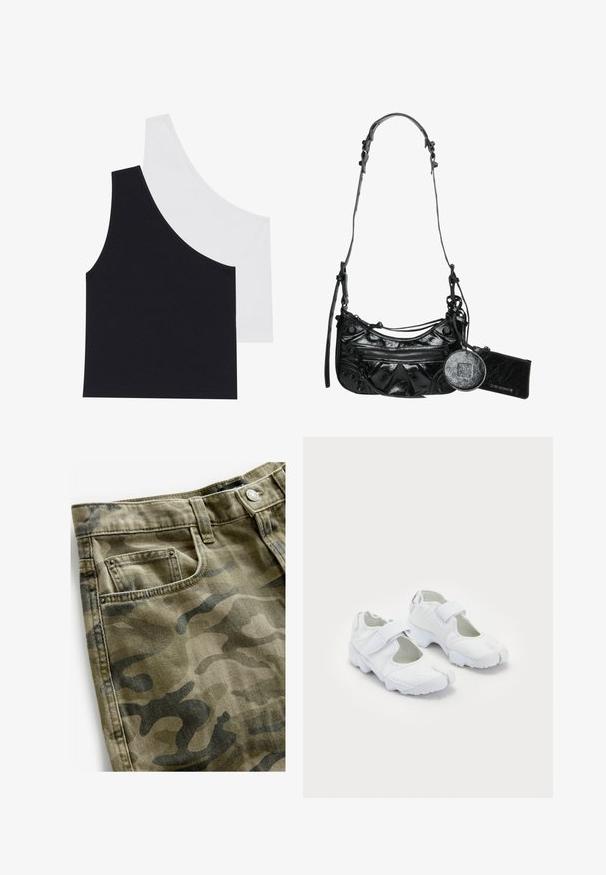 Juodai balti raukiniai marškiniai be rankovių su asimetriniu iškirpimu; minkšta medvilnės mišinio medžiaga; prigludęs dizainas; be matomų detalių ar raštų.; Next Džinsiniai šortai - camo print; Balti sportiniai batai su tekstūruota viršutine dalimi, reguliuojama Velcro juosta, apvaliu nosiu ir storu padu su išskirtiniu protektoriumi.; Juodas sintetinis oda rankinukas su kreiviu dizainu, užtrauktuku užsegama priekinė kišenė ir dekoratyvine aparatūra bei nuimamu apvaliu monetų laikikliu.; Auksinė kolje su plona grandinėle ir puošniu pakabuku, kuris išsiskiria sudėtingomis detalėmis ir tekstūruota paviršiumi, demonstruojant ypatingą dizainą.