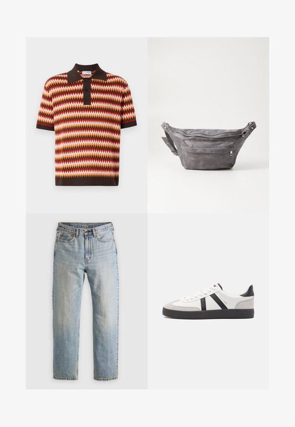 Camisa polo de manga corta y cuello en un patrón de zigzag con colores rojo, naranja, marrón y blanco; presenta tres botones y un cuello en contraste.; Jeans de mezclilla azul claro de cintura alta, con botón frontal, cremallera y diseño de cinco bolsillos, dispuestos sobre un fondo neutro.; Zapatilla blanca con acentos en negro y gris, que presenta una puntera texturizada en gris, suela de goma negra y cordones planos blancos. Diseño limpio, estilo minimalista.; Riñonera de ante gris con forma redondeada, dos compartimentos con cremallera y correa ajustable. Presenta acentos de metal.