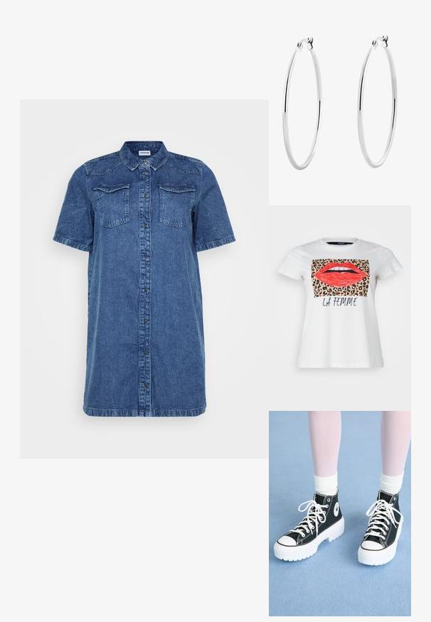 T-shirt bianco in cotone con una grafica di labbra rosse e uno sfondo a stampa leopardo, con il testo "LA FEMME" sotto in nero. Maniche corte.; Abito camicia in denim di colore blu scuro, con maniche corte, due tasche sul petto, chiusura frontale con bottoni e taglio dritto.; Sneakers nere alte con suole e lacci bianchi, caratterizzati da un logo circolare sul lato e cuciture nere a contrasto. Superiori in tessuto testurizzato.; Orecchini a cerchio in argento con una superficie liscia e lucida e una forma circolare sottile. Il design presenta una chiusura sicura.