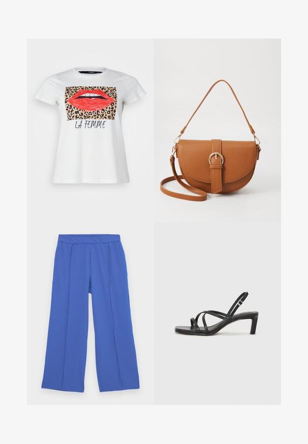 White cotton t-shirt featuring a graphic of red lips and a leopard print background, with "LA FEMME" text below in black. Short sleeves.; Wide-leg pants made of soft, stretchy fabric in bright blue. Features a flat waistband and two front pleats for added design detail.; Black strappy sandal with a square toe and a low block heel. Features multiple thin straps and an adjustable ankle strap. Made of smooth leather.; Brown leather crossbody bag with a curved shape, gold hardware, and a buckle accent. Features a detachable shoulder strap.; Silver double-band ring with a smooth, polished surface. Features a fluid, curved design with overlapping sections for a modern look.