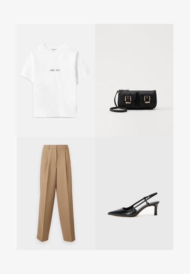 Vit bomulls t-shirt med korta ärmar och en avslappnad passform, med svart text "CHIC, NEJ?" tryckt på framsidan och baksidan.; Beige skräddarsydda byxor med hög midja, veckad framdel och vida ben. Tyget verkar slätt med en lätt lyster.; Svart lackskin slingback-häl med spetsig tå, med texturerad ormskinnsprint, justerbar rem och en kort, texturerad blockklack.; Svart läderaxelväska med två framfickor, guldspännen, dragkedjestängning och en smal rem. Texturerad yta och kompakt rektangulär form.