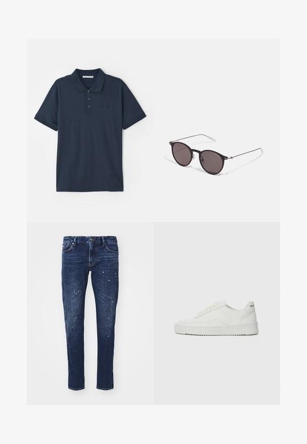 Marineblå piké skjorte laget av bomull, med en treknappslukking, kortermet og subtil logo på brystet. Glatt tekstur.; Mørkeblå denimjeans med smal passform, som har malingsplatter, synlige sømmer og standard fem-lomme design. Rett benkutt.; Hvite lærersneakers med en jevn overflate, rund tå, flate lisser og en teksturert såle. Har en subtil logo på hælen.; Sorte, runde solbriller med mørke linser og slanke metalarmer. Inkluderer klare temple tips og sølvfargede detaljer ved hengslet. Minimalistisk design.