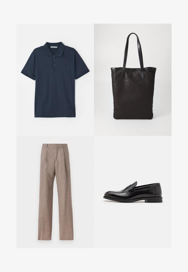 Navy modrá polokošile z bavlny, s límečkem na tři knoflíky, krátkými rukávy a decentním logem na hrudi. Hladká textura.; Hnědé kalhoty s vysokým pasem vyrobené z texturované látky. Mají široké nohavice a dva přední sklady pro strukturu. Úhledné provedení bez viditelné kovových částí.; Černé kožené polobotky s hladkou texturou, zaoblenou špičkou a zdobným páskem přes nárt. Nízký stohovaný podpatek, minimalistický design.; Černá plátěná taška s černými koženými uchy. Jednoduchý design, prostorné tělo a hladký povrch. Žádné viditelné loga ani vzory.