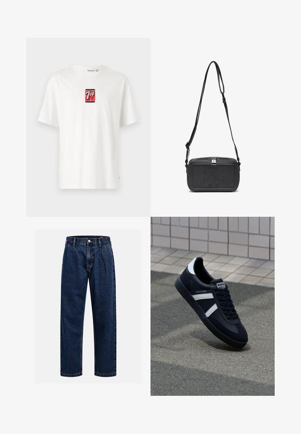 Camiseta de algodón blanca de manga corta, con un pequeño logotipo de 7UP en rojo y negro en la parte delantera. Diseño clásico de cuello redondo.; Jeans de mezclilla azul oscuro con un diseño de pierna recta. Presentan costura visible, cierre de botón y pliegues frontales para un detalle adicional.; Zapatilla de cuero negra con rayas blancas, suela de goma texturizada y parte frontal con cordones. Cuenta con una etiqueta de marca en la lengüeta.; Bolso cruzado de piel negra con cierre de cremallera, logotipo embossing en el frente y correa ajustable. Textura suave con forma rectangular.