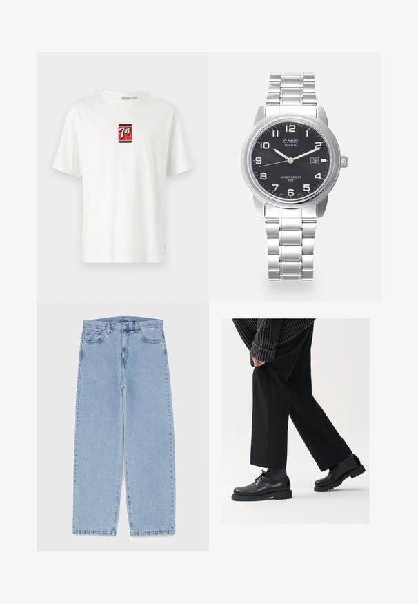 Camiseta de algodón blanca de manga corta, con un pequeño logotipo de 7UP en rojo y negro en la parte delantera. Diseño clásico de cuello redondo.; Jean de mezclilla azul claro con diseño de pierna recta, con una cintura de altura media, cinco bolsillos y un cierre de botón y cremallera.; Zapatos de cuero negro con punta redondeada, diseño de cordones y suela gruesa y texturizada. Combinados con pantalones negros a medida y un suéter acanalado.; Reloj de cuarzo con brazalete de acero inoxidable plateado, cara redonda negra, índices horarios blancos y una pantalla de fecha a las 3 en punto. Resistente al agua hasta 50 m.
