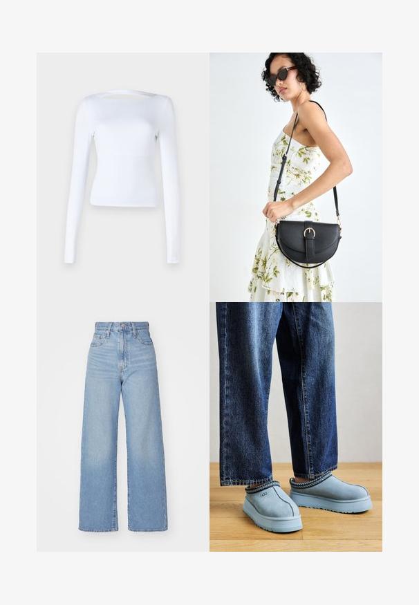Top branco de manga longa com decote quadrado e detalhe recortado nas costas. Feito de um tecido liso e elástico. Design ajustado.; Jeans de cintura alta e perna larga em azul claro, com fecho frontal de botão e zíper, bolsos frontais e traseiros, sobre um fundo branco.; Sapatos UGG azul em camurça, tipo slip-on, com solas grossas, usados com jeans azuis, sobre um piso de madeira, contra um fundo simples.; Bolsa de couro preta com forma curva, alça destacável e detalhes em dourado. A bolsa possui uma aba com detalhe de fivela.
