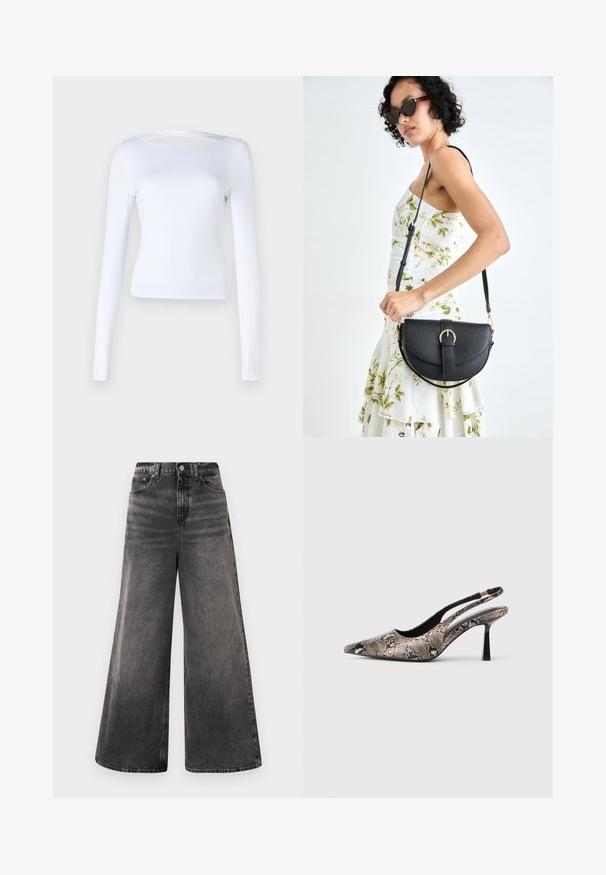 Balta ilgomis rankovėmis palaidinė su kvadratine iškirpte ir išpjovimu nugaroje. Pagaminta iš lygaus, elastingo audinio. Prigludusi forma.; Plačios juodos džinsinės kelnės su blukinta danga, penkių kišenių dizainu ir mygtuko užsegimu juosmens srityje, su pasiūtais akcentais.; V-formos slingback batai, pagaminti iš tekstūruoto gyvatės odos raštų, su siauru juodu kulnu ir išpjova šonuose.; Juodas odinis krepšys su išlenkta forma, nuimamu dirželiu ir auksiniais detalėmis. Krepšys turi kilpą su sagtimi.