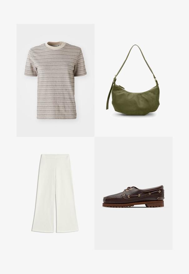 Striped short-sleeve T-shirt in beige and cream. Features a round neck with a contrasting collar and a textured fabric pattern.; White wide-leg trousers made of smooth fabric. They feature a high waistline and no visible seams, creating a clean silhouette.; Brown leather boat shoe with gold eyelets, round laces, and a textured brown rubber sole. Features stitched detailing and a raised logo.; Olive green leather shoulder bag with a curved shape, zip closure, and adjustable strap. Smooth texture with minimal hardware accents.