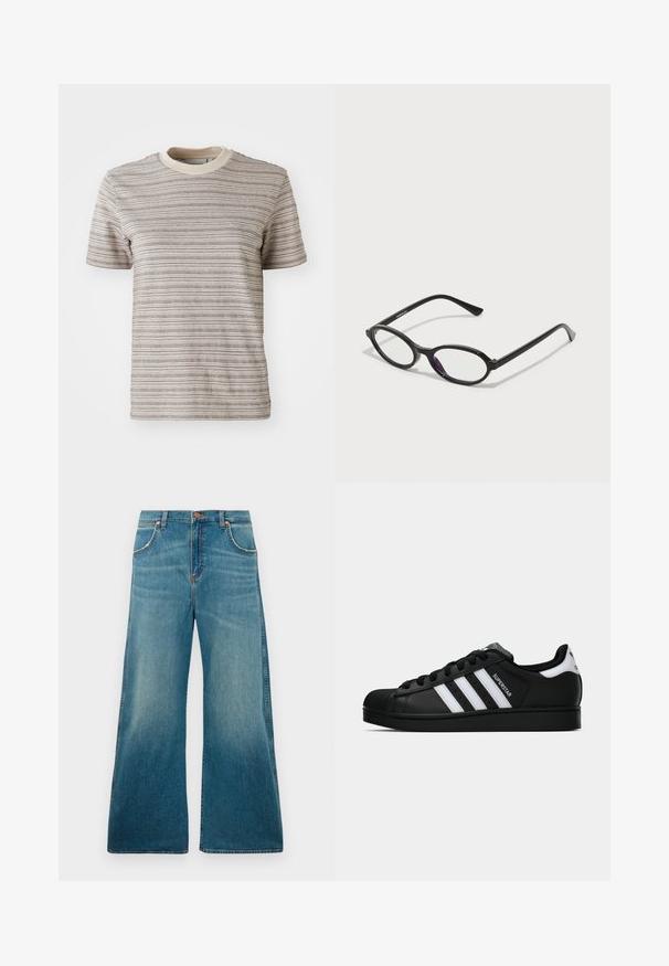 Gestreepte T-shirt met korte mouwen in beige en crème. Heeft een ronde hals met een contrasterende kraag en een textuurpatroon in de stof.; Hoge taille blauwe denim jeans met wijde pijpen, voorzakken, knoopsluiting en een vervaagde kleurverloop van taille tot zoom.; Zwarte Adidas Superstar sneaker met witte strepen, schelpneus en 'Superstar' tekst aan de zijkant, afgebeeld in zijaanzicht op een witte achtergrond.; Zwarte ovale brillen met doorschijnende paarse accenten op de lenzen. De monturen hebben een matte afwerking en slanke, rechte veren.