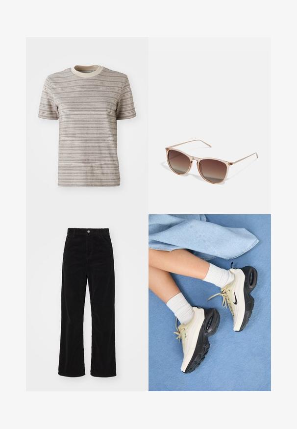 Gestreepte T-shirt met korte mouwen in beige en crème. Heeft een ronde hals met een contrasterende kraag en een textuurpatroon in de stof.; Zwarte corduroy wijde broek met een hoge taille, voorzien van een voospan knoop- en ritssluiting, en een verticale ribstructuur overal.; Nike Air Max sneakers hebben een beige en zwart ontwerp, met een gladde bovenkant, zichtbare luchtkussens en platte rubberen zolen.; Bruine gradient zonnebril met een doorzichtig roze montuur, vierkante vorm en dunne metalen armen. Heeft afgeronde hoeken en minimale details.