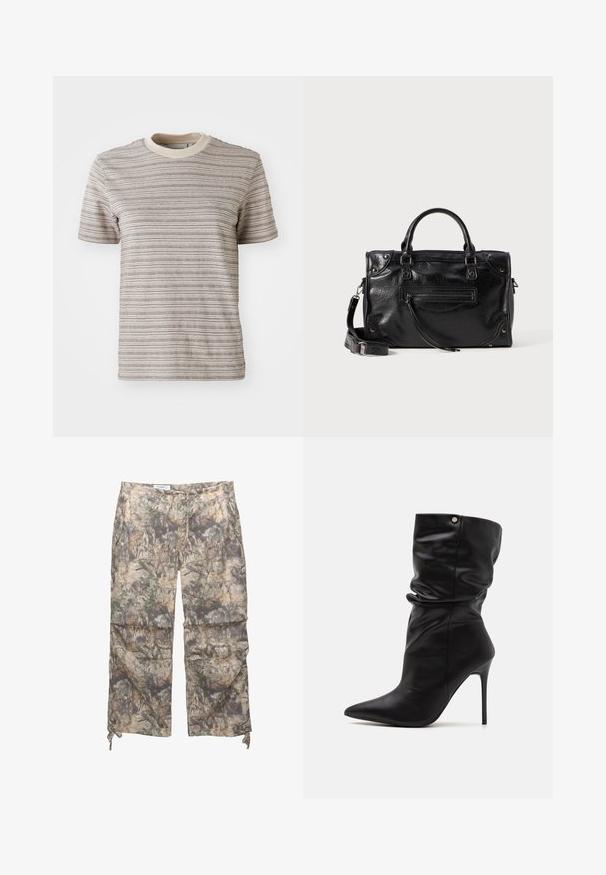 Tricou cu mânecă scurtă, cu dungi, în nuanțe de bej și crem. Dispune de un guler rotund cu un contrast și un model texturat al materialului.; Pantaloni cu model camuflaj, confecționați dintr-un material ușor, cu talie elastică, buzunare laterale și șnururi ajustabile la glezne.; Even&Odd Wide Fit Botine cu toc - black; Geantă de mână din piele neagră, cu două mânere scurte și o curea de umăr detasabilă. Dispune de un buzunar frontal cu fermoar și accente din metal. Suprafață texturată.