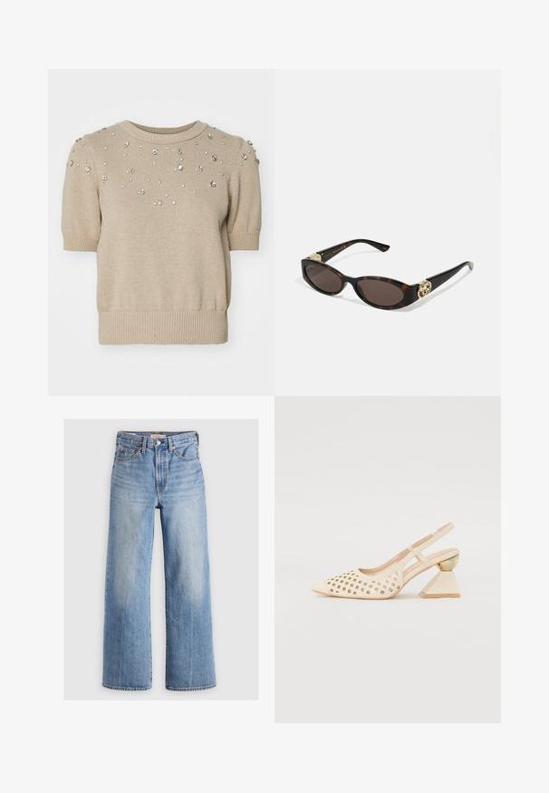 Beige knitted short-sleeve sweater with a round neckline, featuring scattered clear rhinestones on the front and ribbed cuff and hem details.; Hofmann Copenhagen EXCLUSIVE GENEVIVE - Top - off white; Light blue denim wide-leg jeans with a high waist, faded areas, five pockets, and contrast stitching. Classic button and zipper closure.; Beige slingback shoe with perforated upper, pointed toe, and a contrasting triangular heel featuring a gold accent. Smooth texture overall.; Tortoiseshell sunglasses with elongated oval lenses, brown tint, gold logo accents on temples, and sleek black arms.; White floral handbag with a gathered fabric surface, gold-tone chain strap, and metal clasp. Features textured petals for added detail.