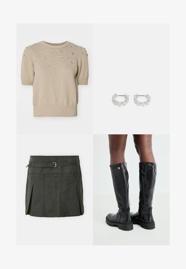Beige kudumine lühikeste varrukatega sviiter ümmarguse kaelusega, esiküljel on laiali asetatud selged rhinestone'id ning soonikute detailidega varruka- ja allääres.; Tume roheline puuvillane mini-seelik, mis on kätkestatud vöökoht, vöö ja esipleatiga. Omab õmblusdetailsusi ja klassikalist lõiget.; Mustad põlvikõrgused mustad nahast saapad, millel on sile tekstuur, ümar varvas, paks põhi ja tõmblukk. Küljel on hõbedane logo.; Hõbedased rõngaskõrvarõngad, millel on kätkestatud ja kolmnurksed selged kristallid, paigutatud ringikujulisse mustrisse, kus keskpunktis on kinnitust post.