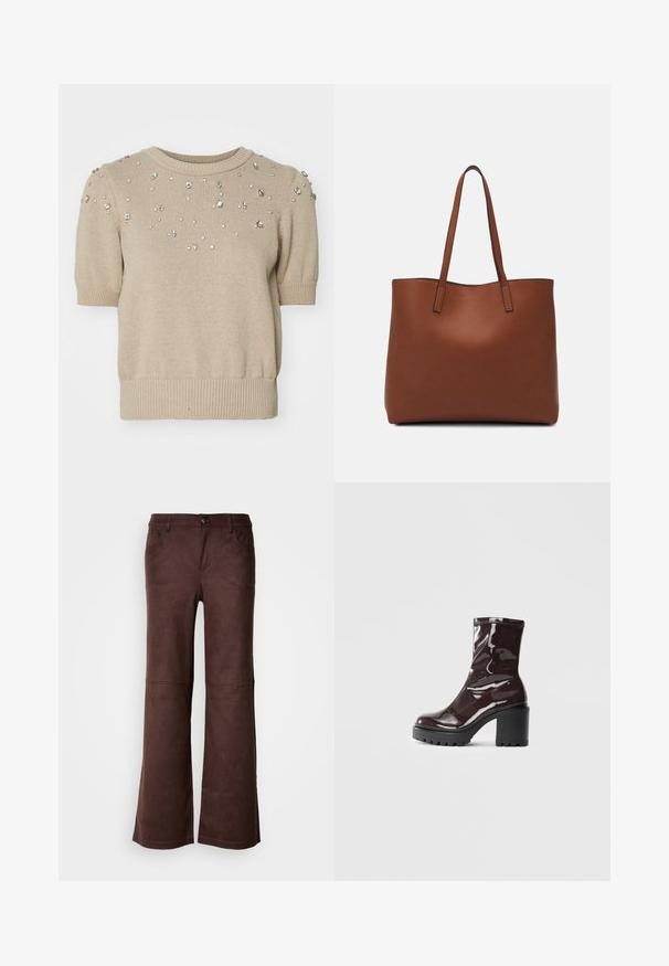 Beige gebreide trui met korte mouwen en een ronde halslijn, voorzien van verspreide heldere rhinestones op de voorkant en geribde boorden en onderkant.; Bruine flared pants van een zachte, suede-achtige stof. Beschikt over vier zakken, een knoopsluiting en een gladde, gestructureerde oppervlakte.; Glanzende bordeauxrode enkelboot met een chunky zwarte hak, met een gladde textuur en een eenvoudig ontwerp. Geen zichtbare sluitingen of patronen.; Bruine leren tote bag met een gladde textuur, een ontwerp met een open bovenkant en twee schouderbanden. Kenmerkt zich door minimale stiksels en geen zichtbare hardware.