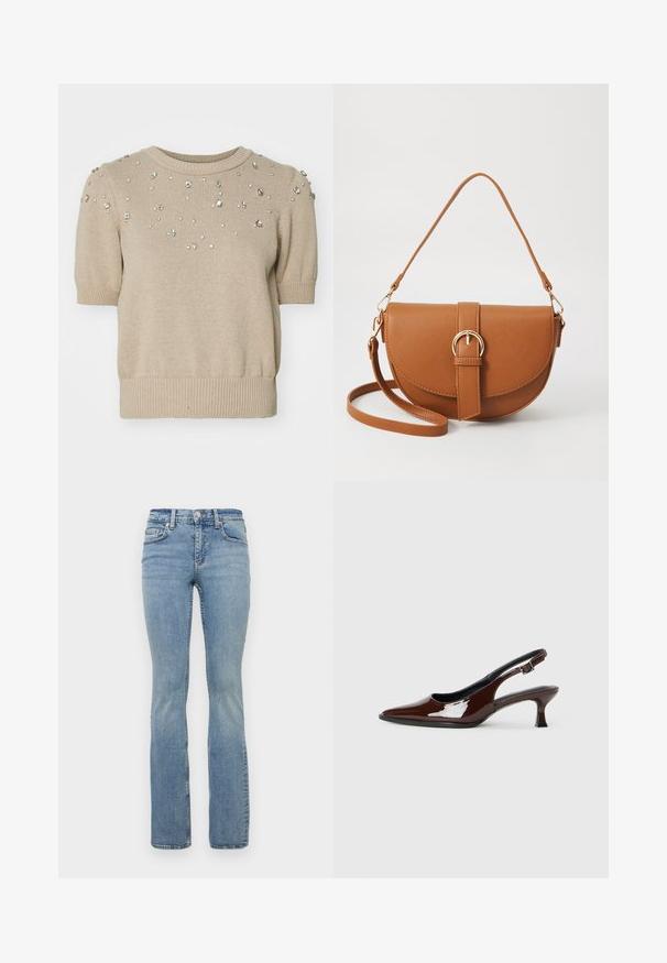 Bežani pleteni kratkotrajni džemper s kratkim rukavima i okruglim vratnim izrezom, ukrašen raspršenim prozirnim rhinestones na prednjoj strani te detaljima rebrastog rubovi i manžetni.; Svijetloplave traperice s pomaknutim nogavicama i srednjim strukom, s pet džepova, petljama za remen i suptilnim izbjeljivanjem na bedrima.; Smeđe patentne kožne cipele s otvorenom petom, špicastim vrhom i umjerenom petom. Imaju remen s kopčom za sigurno pristajanje. Glatka tekstura.; Smeđa kožna torba preko tijela s zakrivljenim oblikom, zlatnim metalnim detaljima i naglaskom na kopču. Ima odvojivu naramenicu.