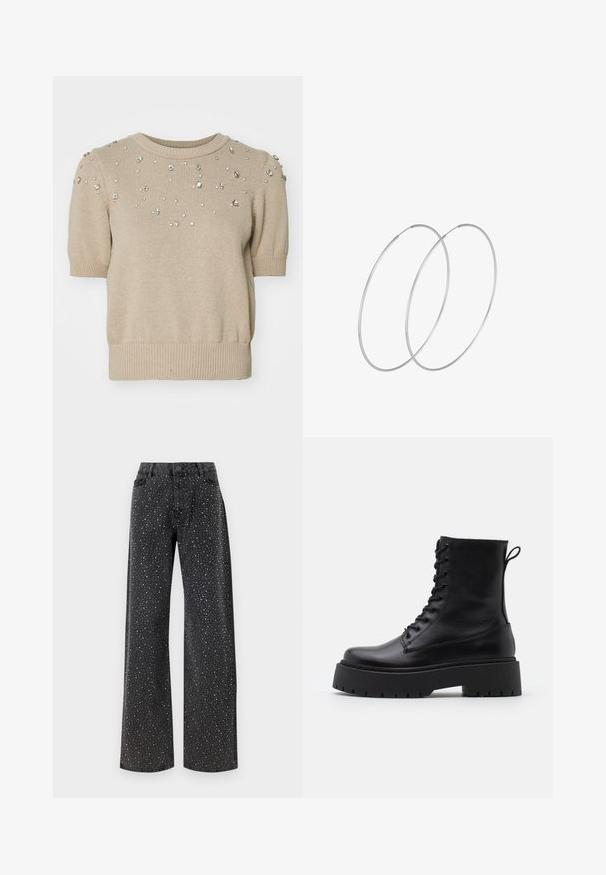 Maglione beige a maniche corte in maglia con scollatura rotonda, decorato con strass trasparenti sparsi sulla parte anteriore e dettagli a coste sui polsini e sull'orlo.; Noisy May NMJANNEL LOOSE - Jeans baggy - black denim; Stivaletti in pelle nera alla caviglia con punta rotonda, lace-up frontale e suola in gomma spessa con battistrada textured. Tassello sul retro.; Orecchini a cerchio in argento con un design minimalista. Forma circolare, superficie liscia e profilo sottile. Leggeri con una finitura lucida.