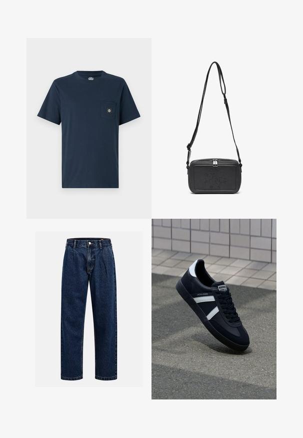 Marineblaue Baumwoll-T-Shirt mit kurzen Ärmeln, Rundhalsausschnitt und einer Brusttasche, die ein quadratisches Logo-Patch zeigt. Glatte Textur, lässiges Design.; Dunkelblaue Denim-Jeans mit geradem Bein. Mit sichtbaren Nähten, einem Knopfverschluß und Frontfalten für zusätzliche Details.; Schwarze Leder-Sneaker mit weißen Streifen, strukturiertem Gummisohle und Schnürung. Verfügt über ein Markenetikett auf der Zunge.; Schwarze Leder-Crossbody-Tasche mit einem Reißverschluss, geprägtem Logo auf der Vorderseite und verstellbarem Riemen. Glatte Textur mit rechteckiger Form.