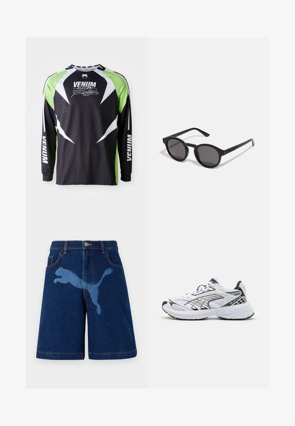 Svart, vit och neongrön långärmad sporttröja med "Venum" och ormlogotyp, samt perforerad ventilation på framsidan av bröstområdet.; Jeansshorts i mörkblått med en ljusblå silhuett av en hoppande katt. Klassisk design med fem fickor och synliga söm detaljer.; Vitaidkor med svarta accenter. Överdel i mesh och syntetmaterial, tjock sula och böjd design. Har snörning framtill och logodetaljer.; Svarta solglasögon med en rund, något vågig ram, mörka linser och rak svarta skalmar. Slät, blank yta utan synliga mönster.