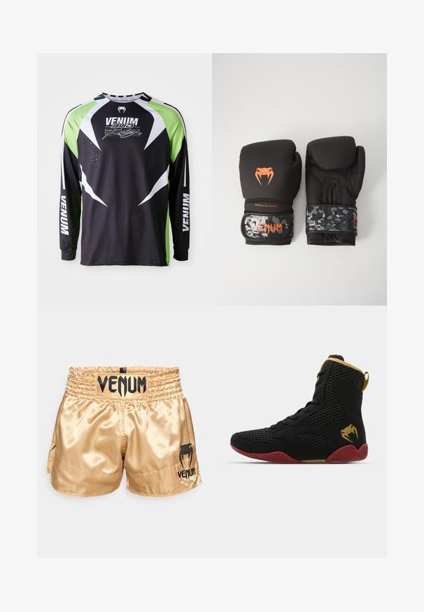 Schwarzes, weißes und neongrünes langärmliges Sportshirt mit "Venum" und Schlangenlogo sowie perforierter Belüftung im vorderen Brustbereich.; Goldene Satin-Boxershorts mit schwarzem "VENUM"-Logo am Bund und an der Seite, mit einer glatten Textur und elastischem Bund für maximalen Komfort.; Hochschuh-Sportschuh aus schwarzem Mesh und synthetischem Material, mit strukturierten Akzenten, roter Gummisohle und goldenen Details am Knöchel.; Schwarze Boxhandschuhe mit matter Oberfläche und ergonomischem Design. Orangefarbene Logodetails und armeeähnlich gemusterte Handgelenkriemen.
