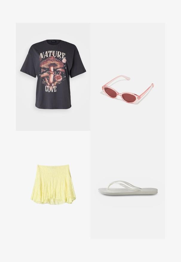 Musta puuvillainen t-paita, jossa on värikäs sieni graafikka ja "LUONNON RAKKAUS" -teksti, lyhyet hihat ja rento istuvuus.; Keltainen levenevä hame, joka on valmistettu teksturoidusta kankaasta ja jossa on kerroksellinen muotoilu, hieman epätasainen helma. Kevyt ja ilmava ilme.; Valkoinen flip-flop, jossa on kuvioitu pohja, ohut hihnasto ja tasainen muotoilu. Valmistettu kumista ja siinä on hillitty logo jalkapohjassa.; Vaaleanpunaiset läpinäkyvät aurinkolasit, joissa on soikeat linssit, tumma punainen sävy ja hoikat sankarit. Kehyksissä on sileä pinta ja hienovaraista yksityiskohtaisuutta.