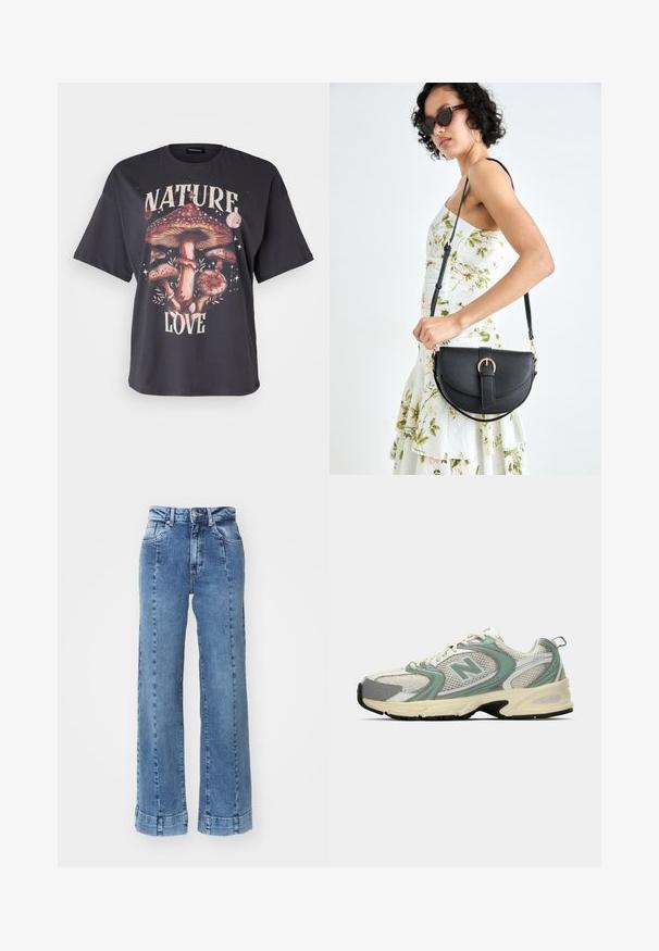 Černé bavlněné tričko s barevným grafickým motivem houbového vzoru a nápisem "LÁSKA K PŘÍRODĚ", krátké rukávy a volný střih.; Světle modré džíny širokého střihu s vysokým pasem, s předními kapsami a prošívanými detaily. Spodní lem je ohrnutý a sešitý.; Bílé a světlé zelené atletické tenisky New Balance s síťovinou, béžovou podrážkou a černým vzorkem, zobrazené z boku na jednobarevném pozadí.; Černá kožená kabelka s křivkovým tvarem, odnímatelným popruhem a zlatými detaily. Kabelka má klopu s přezkou.