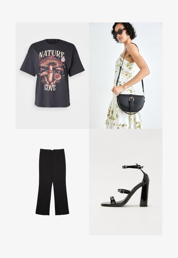 Crna pamučna majica sa šarenim grafičkim prikazom gljive i tekstom "LJUBAV PREMA PRIRODI", kratki rukavi i opušteni kroj.; Crne hlače ravnog kroja, s prednjim džepovima i bočnim prorezima na rubu. Izrađene od mekog i glatkog materijala. Pogodne za razne prigode.; Crne lakirane sandale na pete sa kvadratnim nosom, trakama oko gležnja i srebrnim kopčama. Imaju čvrst blok petu za stabilnost.; Crna kožna torba s lukovitim oblikom, odvojivim remenom i zlatnim detaljima. Torba ima preklop s kopčom.