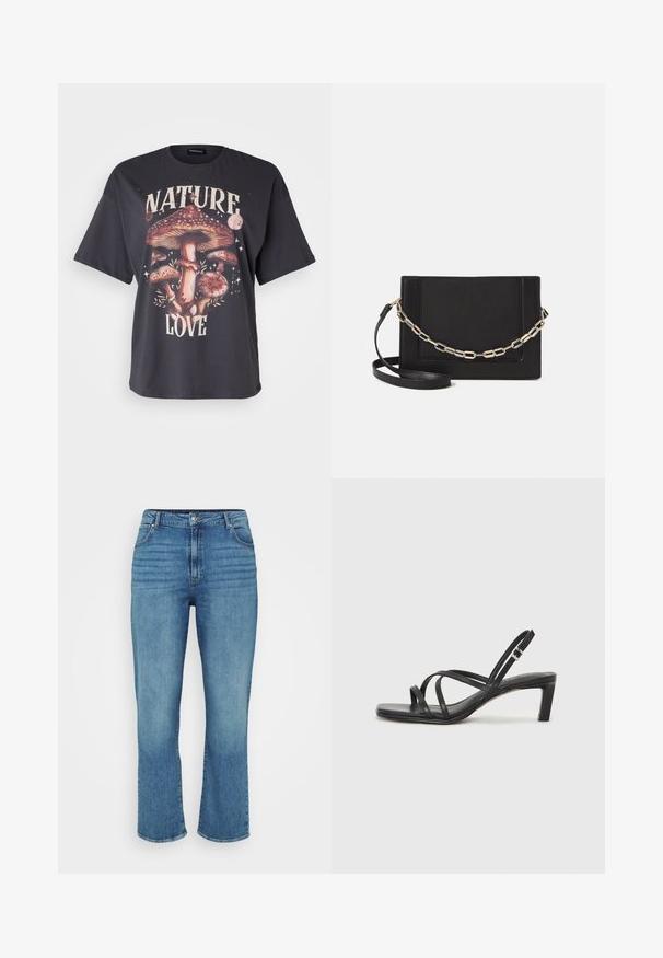 Melnas kokvilnas T-krekls ar krāsainu sēņu grafiku un tekstu "DABAS MĪLESTĪBA", īsām piedurknēm un brīvu piegriezumu.; Gai zilu džinsi ar taisnu kāju dizainu, ar piecām kabatām, jostu cilpām un maziem izbalējumiem priekšā.; Melnas strappy sandales ar kvadrātveida purngaliem un zemu bloku papēdi. Ievērojamas ar vairākiem plāniem siksniņām un regulējamu potītes siksniņu. Izgatavotas no gludas ādas.; Melna ādas crossbody soma ar gludu faktūru, taisnstūrveida formu un metalizētu ķēdes detaļu priekšā. Iekļauta regulējama siksna.; Sudraba divu joslu gredzens ar gludu, pulētu virsmu. Iezīmējas ar plūstošu, izliekta dizaina struktūru ar pārklājošām sekcijām modernam izskatam.
