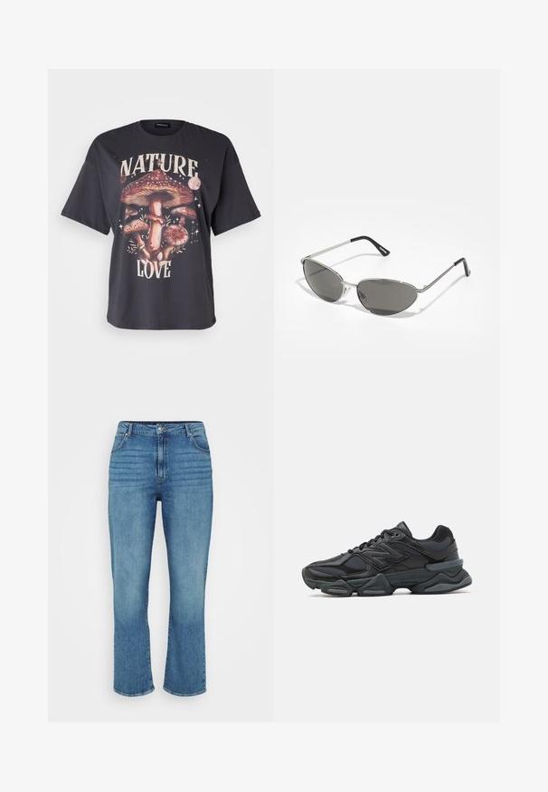 Zwarte katoenen T-shirt met een kleurrijke paddenstoelafbeelding en de tekst "NATURE LOVE", korte mouwen en een ontspannen pasvorm.; Lichtblauwe denim jeans met een recht model, voorzien van vijf zakken, een riemlussen en subtiele vervaging aan de voorkant.; Zwarte hardloopschoen met een mix van mesh en synthetische materialen, een stevige zool, gebogen ontwerp en prominente branding op de zijkant.; Zonnebril met een slank, zilveren metalen frame, grijs getinte lenzen en een aerodynamisch ontwerp met puntige randen en dunne pootjes.