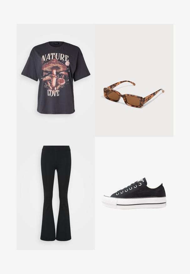 Svart bomulls t-shirt med en färgglad svampgrafik och texten "NATURE LOVE", korta ärmar och avslappnad passform.; Svarta utsvängda byxor i elastiskt tyg med hög midja och en mjuk textur. Byxorna vidgar sig från knäet.; Svart canvas sneakers med vit gummisula, rund tå, låg design, metallöglor och en strukturerad tåhätta. Tunn svart rand längs sulan.; Sköldpaddsmönstrade solglasögon med rektangulära bruna linser, en tjock ram och smala bågar som har ett mönster av varierande nyanser av brunt.