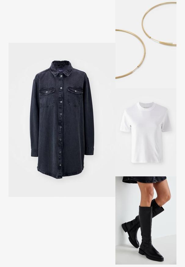 Camiseta de algodón blanca de manga corta con cuello redondo y un pequeño logo bordado en el pecho, de textura suave y diseño sencillo.; Camisa de mezclilla oscura con cuello, mangas largas, botones en la parte delantera y dos bolsillos en el pecho. Presenta un corte ligeramente holgado y un dobladillo curvado.; Botas de cuero negras hasta la rodilla con puntera puntiaguda, suela plana y costuras mínimas. Textura suave y diseño sencillo sin adornos.; Pendientes de aro color dorado, delgados y redondos, con un acabado metálico suave y sin adornos ni patrones.