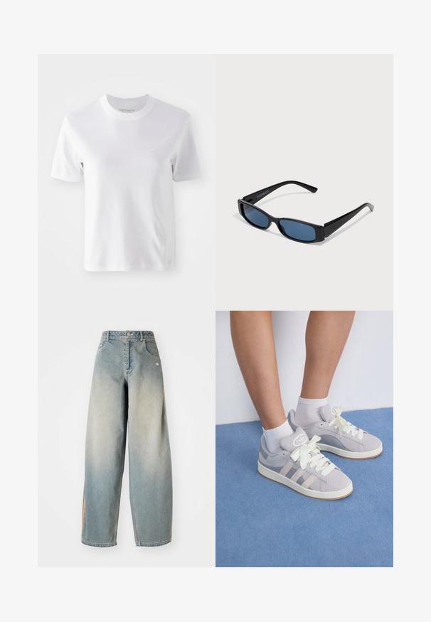 T-shirt blanc en coton à manches courtes avec un col rond et un petit logo brodé sur la poitrine, texture lisse et design simple.; Jeans en denim bleu clair à jambe large avec une finition délavée. Comprend des poches frontales, une fermeture à bouton et un logo discret sur la ceinture.; Baskets en suède gris avec des lacets blancs et une semelle en caoutchouc, présentant trois stripes diagonales sur le côté et une étiquette logo sur la languette.; Lunettes de soleil noires avec une monture rectangulaire élégante et des verres bleus. Présente une texture lisse et des branches robustes. Logo de la marque sur le côté.