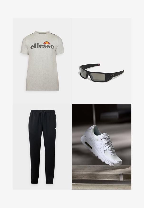 Šedé tričko s krátkým rukávem z bavlny s kulatým výstřihem. Obsahuje černé logo "ellesse" a barevný akcent v oranžové a červené nad logem.; Černé tepláky vyrobené z měkké látky, s elastickým pasem se šňůrkami, manžetami na kotnících a malým logem na boku.; Bílé tenisky Nike Air Max 90 s vrchním materiálem z textilu a kůže, perforovanou špičkou a viditelnou vzduchovou jednotkou v patě.; Černé sluneční brýle s matným povrchem, obdélníkové čočky, mírná křivka na spáncích, nenápadný detail loga a čočky s kouřovým zabarvením.