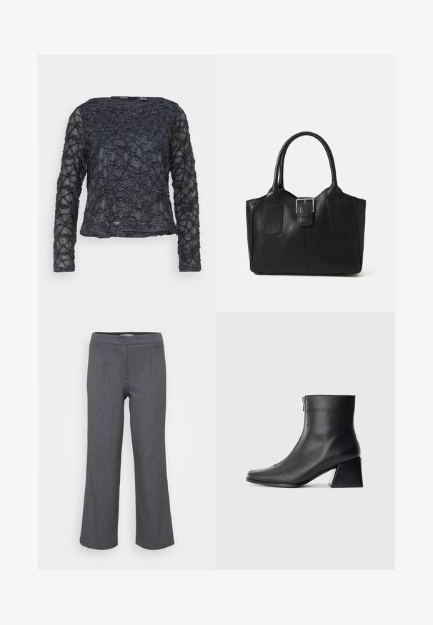 Camisola preta de mangas longas com padrão texturizado de contas onduladas. Tecido transparente com decote redondo. Corte e comprimento regulares.; Calças cinzentas, ajustadas, com um cós liso, fecho de botão único e corte largo. Textura suave com um padrão tecido subtil.; Bota de tornozelo em couro preto com bico quadrado, fecho lateral e salto bloco contra um fundo claro plano.; Bolsa tote de couro preta com textura suave, forma estruturada, duas alças e um destaque prateado proeminente na parte da frente.