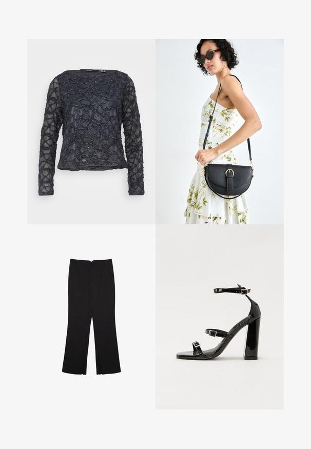 Črn top z dolgimi rokavi z teksturirano, valovito perlasto vzorcem. Prosojna tkanina z okroglim izrezom. Redna prileganja in dolžina.; Črne hlače ravnega kroja z naglavnimi žepi in stranskimi razporki na robu. Narejene iz mehke, gladke tkanine. Primerne za različne priložnosti.; Črne lakaste sandale z visokimi petami, z dvema trakovoma z zaponkama, kvadratnim sprednjim delom in masivno širšo peto, z gladko, sijočo teksturo.; Črna usnjena torbica s ukrivljeno obliko, z odstranljivo naramnico in zlatimi dodatki. Torbica ima pokrov s podrobnostmi v obliki zaponke.