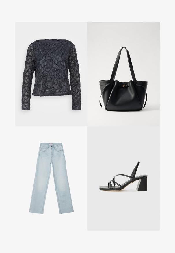 Černý top s dlouhými rukávy a texturovaným vlnitým perlovým vzorem. Průhledná látka s kulatým výstřihem. Standardní střih a délka.; Světle modré denimové široké džíny. Obsahují pět kapes, zapínání na knoflíky a vybledlé detaily. Klasický rovný střih s volným cílem.; Černé sandály na vysokém podpatku se čtvercovou špičkou, zdobené několika tenkými pásky a geometrickým blokovým podpatkem. Hladká kožená textura a minimalistický design.; Černá kožená taška přes rameno s dvěma dlouhými popruhy, staženým vrškem a zlatým kruhovým akcentem. Hladký povrch s minimalistickým designem.