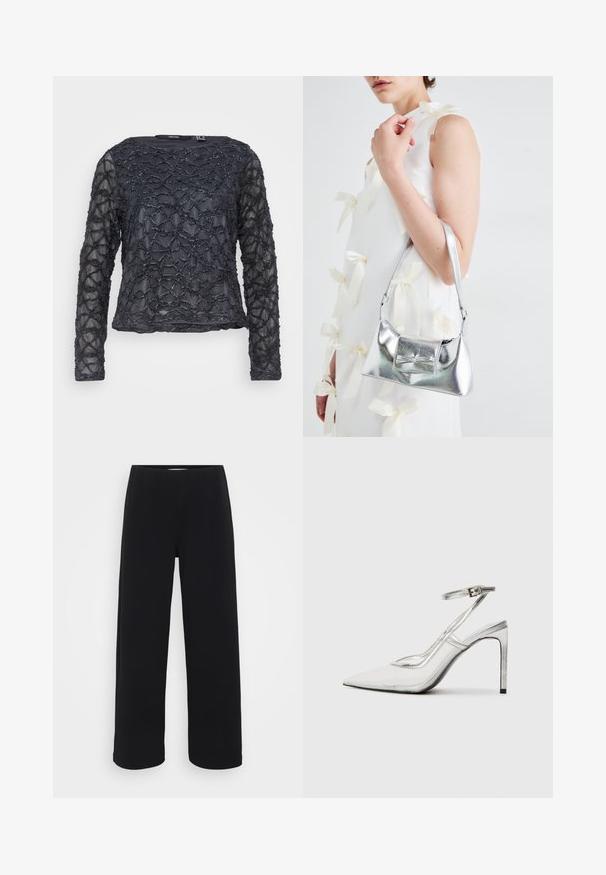 Črn top z dolgimi rokavi z teksturirano, valovito perlasto vzorcem. Prosojna tkanina z okroglim izrezom. Redna prileganja in dolžina.; Črne široke hlače s elastičnim pasom. Narejene iz teksturiranega materiala, se ponašajo z ohlapnim krojem in ravnim rezom od kolkov do roba.; Prozoren špikasti petni čevelj s koničastim nosom, iz prozornega materiala, s kovinskimi srebrnimi dodatki in nastavljivim trakom za gleženj.; Srebrna metalna torbica z oblikovano strukturo, ki ima zgornji ročaj in detajl v obliki mašne spredaj. Gladka tekstura, z odsevnimi površinami.